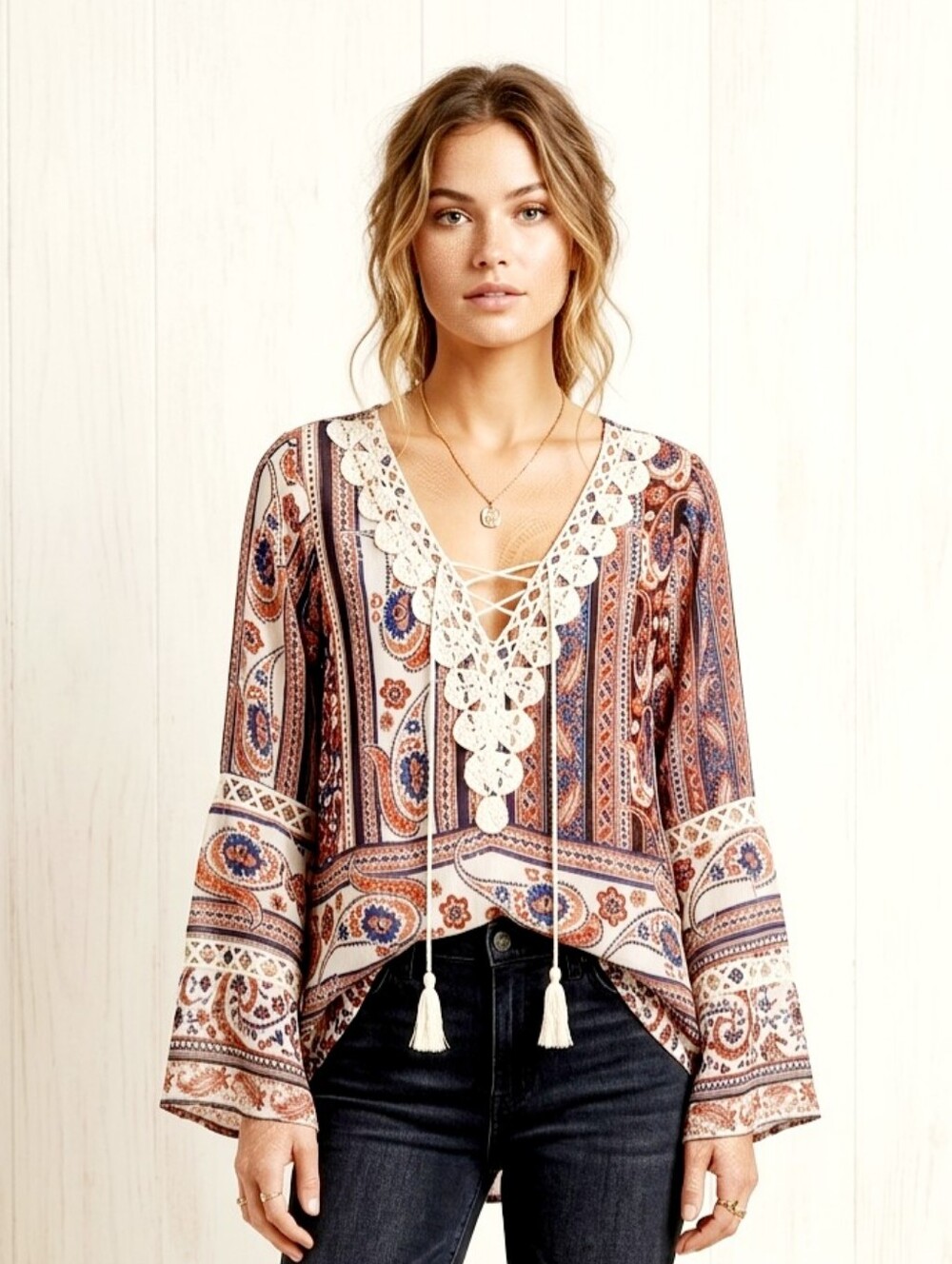 Umgee Boho Paisley Lace-Up Top with Crochet Detail Sz Small - Oversized